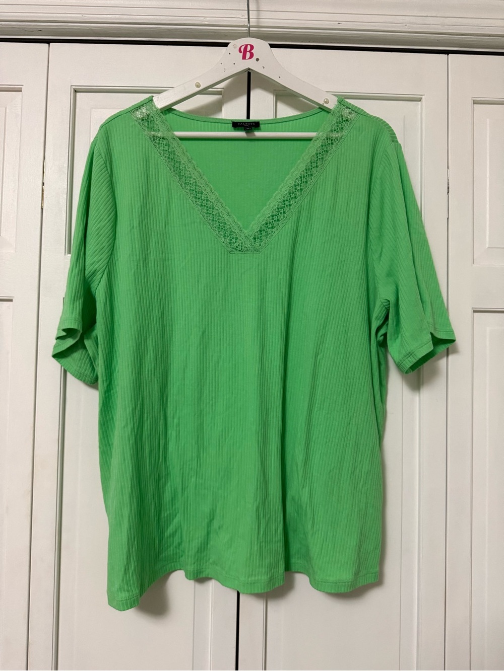 Talbots Bright Green V-Neck Lace Trim Short Sleeve Top Cotton Modal 3X Mature